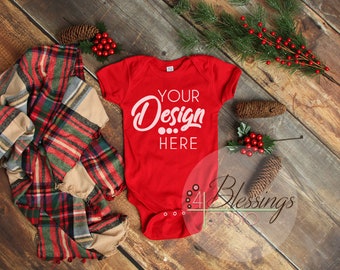 Christmas Mockup Red One piece bodysuit Winter Flat Lay Shirt Blank Toddler Mockup Baby bodysuit Flat Lay Rabbit Skins Mockup Baby