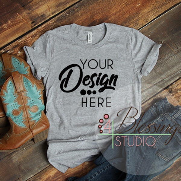Light Gray Heather Bella Canvas 3001 Unisex Mockup - Heather Gray Flat Shirt Mockup - Shirt Flat Lay - Rustic Wood - Country Cowboy Boots