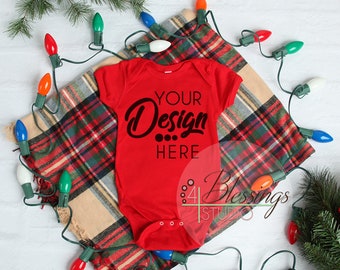 Christmas Mockup Red One piece bodysuit Winter Flat Lay Baby Shirt Blank Toddler Mockup Baby bodysuit Flat Lay Rabbit Skins Mockup Baby