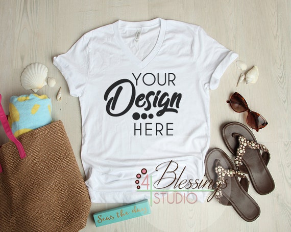 Beach Mock Up Flat Lay Bella Canvas Mockup 3005 V Neck White Etsy