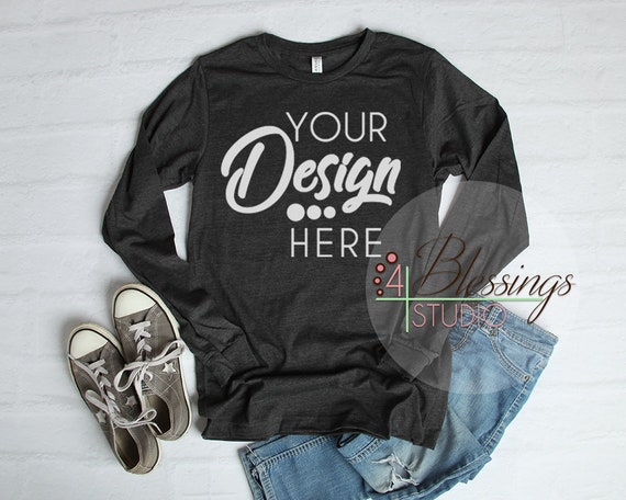 Long Sleeve Tshirt Mockup Dark Gray Heather Bella Canvas 3501 Etsy