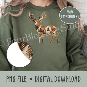 Faux Patchwork Deer PNG Buck Antler Plaid Fabric Patches Fall Autumn Woodland Cottagecore DTF Transfer POD Digital Download