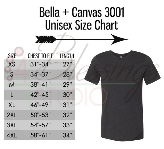 Bella Unisex Tee Size Chart