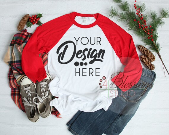 Raglan Christmas Tshirt Mockup Red White Shirt Flat Lay Winter Etsy