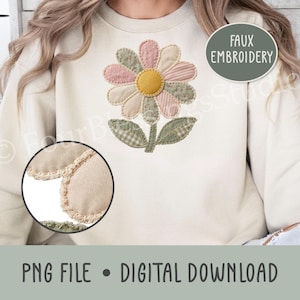 Faux Patchwork Daisy Flower PNG Gingham Blommig Tyglappar Cottagecore Boho Spring DTF Transfer POD Kläder Digital Nedladdning
