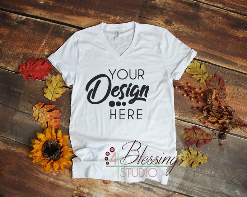 Download Fall Flat Lay Mockup Bella Canvas 3005 White V-Neck T ...