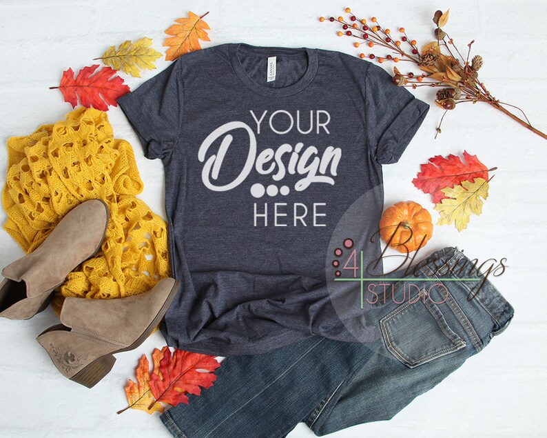 Download Fall Flat Lay Mockup Bella Canvas 3001 Heather Midnight Navy | Etsy