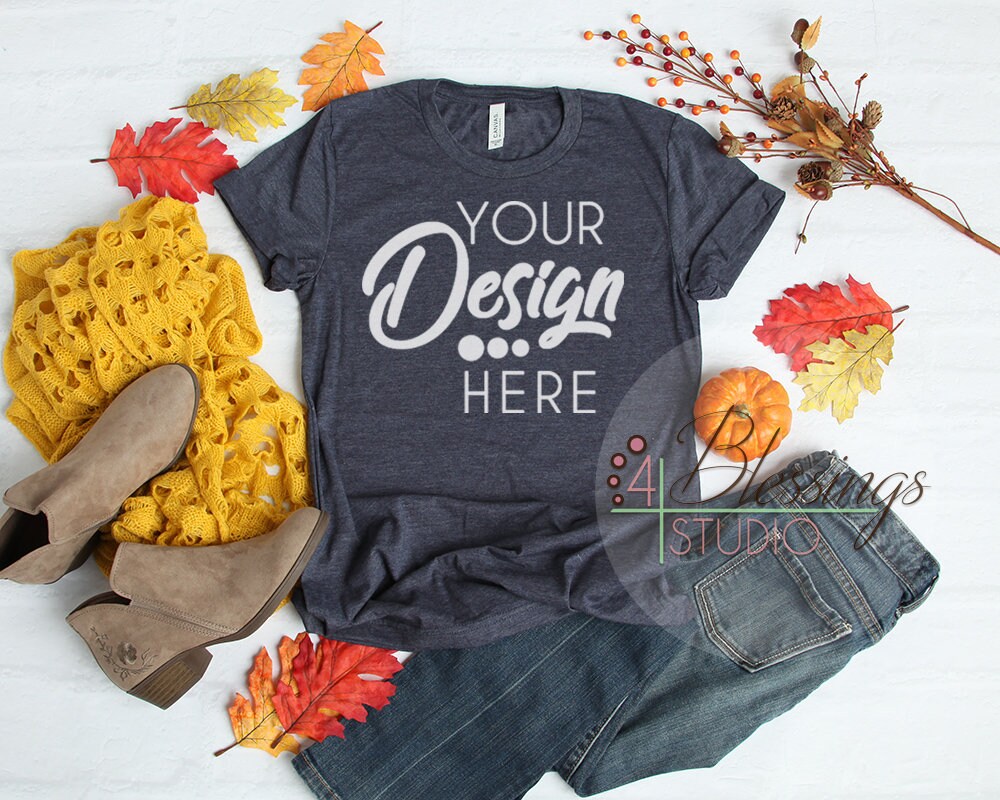 Fall Flat Lay Mockup Bella Canvas 3001 Heather Midnight Navy Etsy