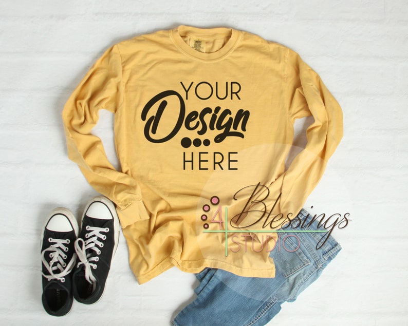 Download Comfort Colors 6014 Long Sleeve Tshirt Mockup Mustard ...