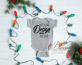 Christmas Mockup Heather Gray One piece bodysuit Winter Flat Lay Baby Shirt Blank Toddler Mockup Baby bodysuit Flat Lay Rabbit Skins Mockup