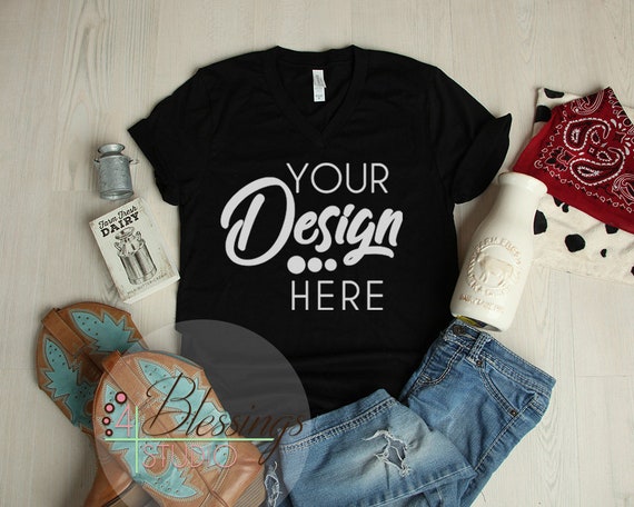 Black T Shirt Country Farm Flat Lay Bella Canvas Mockup 3005 Etsy