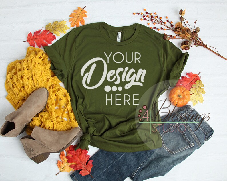 Download Fall Flat Lay Mockup Bella Canvas 3001 Olive Green color ...