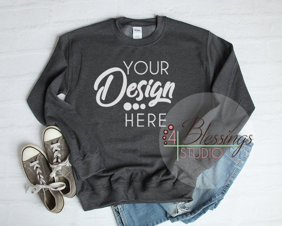 Sweatshirt Mockup Unisex Gildan 18000 Dark Heather Gray Flat Etsy