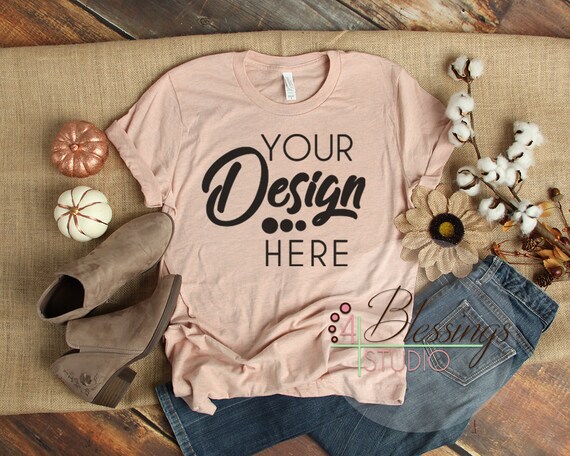 Fall Flat Lay Mockup Bella Canvas 3001 Heather Prism Peach Etsy