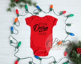 Christmas Mockup Red One piece bodysuit Winter Flat Lay Shirt Blank Toddler Mockup Baby bodysuit Flat Lay Rabbit Skins Mockup Baby