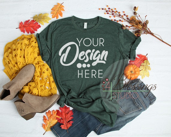 Fall Flat Lay Mockup Bella Canvas 3001 Heather Forest Green Etsy