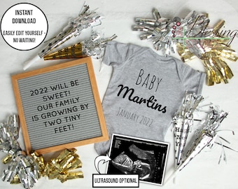 Bewerkbare zwangerschap aankondiging - Nieuwjaar - Bewerk jezelf - Social Media Post Baby Aankondiging - DIY Digitaal Bestand Instant Download