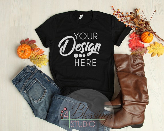 Fall Flat Lay Mockup Bella Canvas 3001 Black Unisex T Shirt Etsy