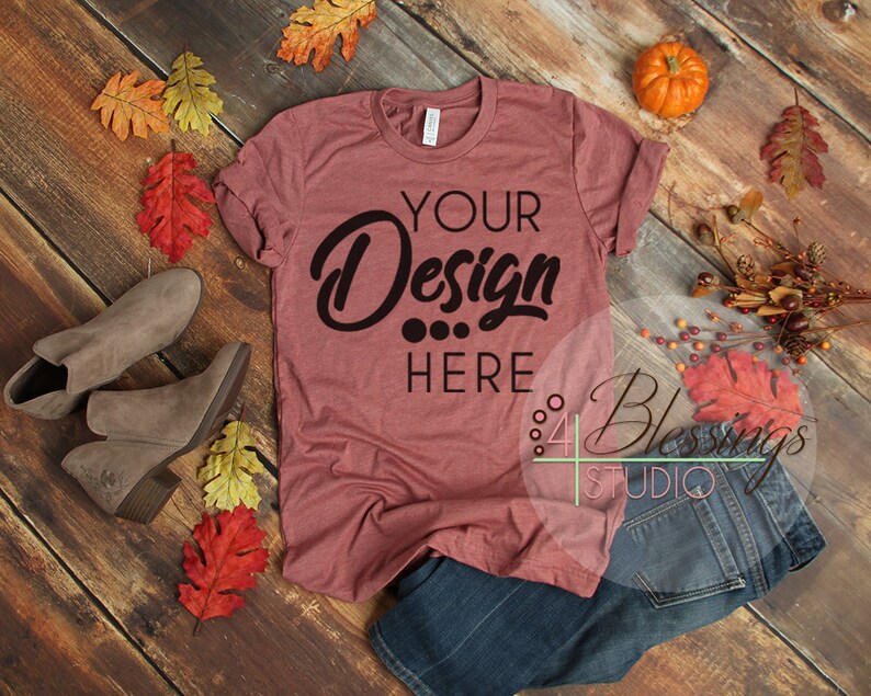 Download Fall Flat Lay Mockup Bella Canvas 3001 Heather Mauve ...