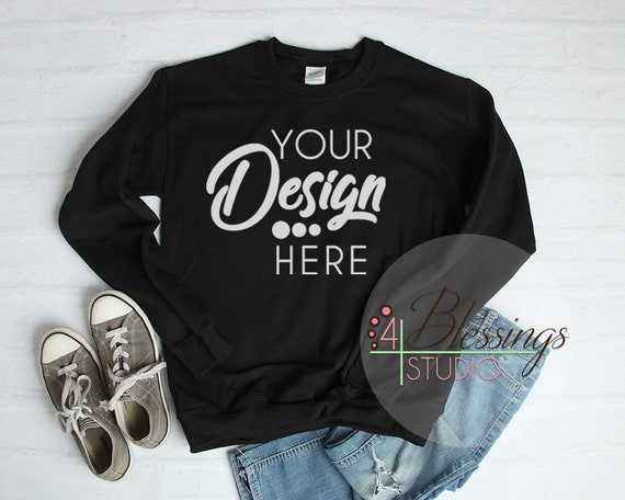 Black Sweatshirt Mockup Unisex Gildan 18000 Black Flat Lay Etsy
