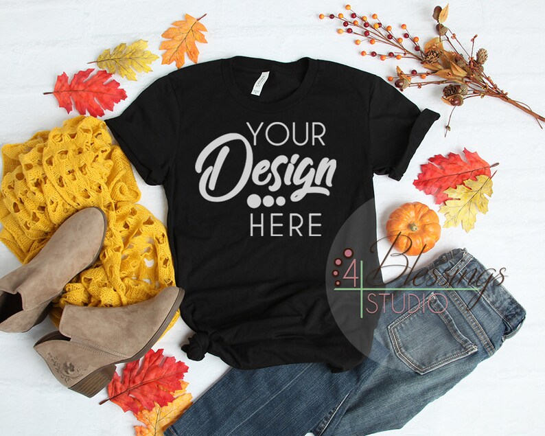 Fall Flat Lay Mockup Bella Canvas 3001 Black T Shirt Mock Up Etsy