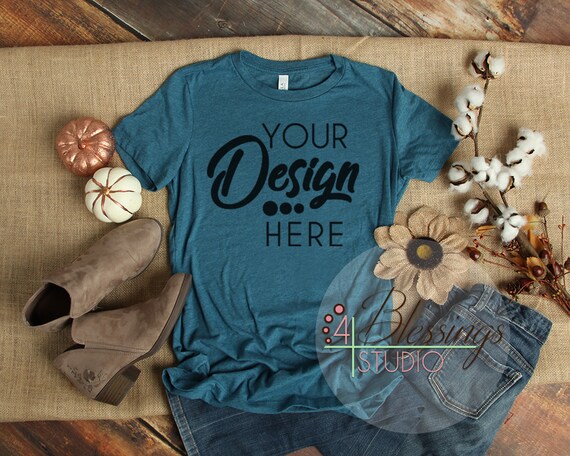 Fall Flat Lay Mockup Bella Canvas 6004 Heather Deep Teal Etsy