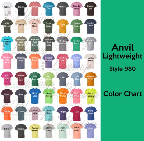 Anvil T-Shirt Color Chart Lightweight Ringspun Tee 980 Every | Etsy