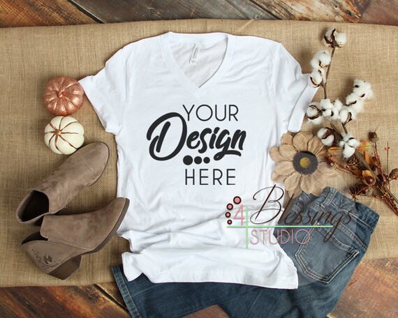 Fall Flat Lay Mockup Bella Canvas 3005 White V Neck T Shirt Etsy