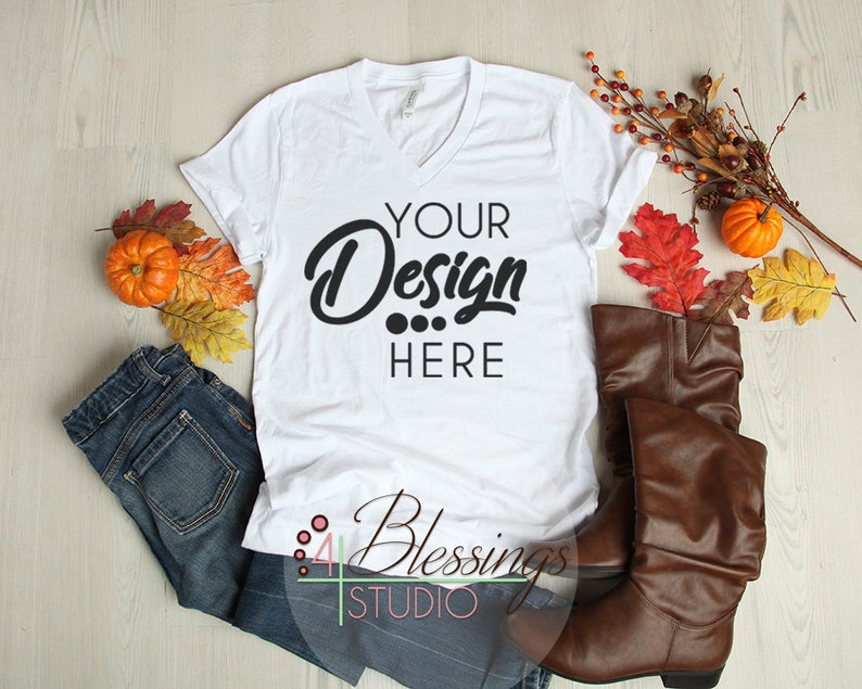Download V-Neck T-shirt Mock Up Fall Flat Lay Mockup Bella Canvas 3005 | Etsy