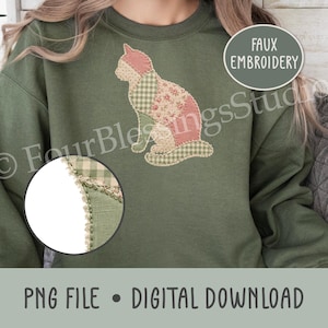 Faux Patchwork PNG Cute Cat Silhouette Gingham Floral Fabric Patches Cottagecore Boho DTF Transfer POD Apparel Digital Download