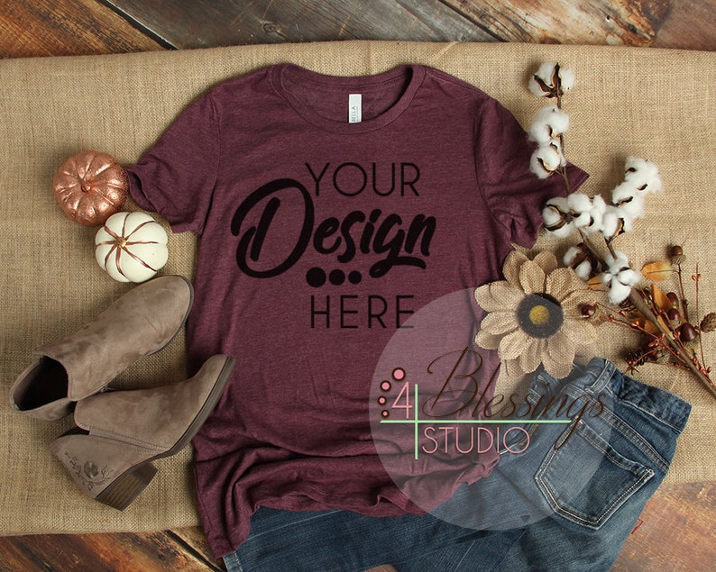 Download Fall Flat Lay Mockup Bella Canvas 6004 Heather Maroon T-shirt | Etsy