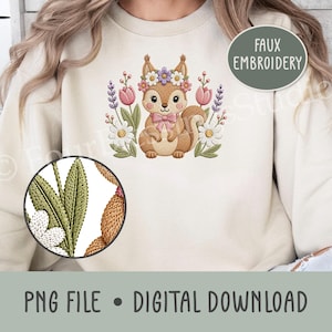 Bordado falso PNG Lindo estilo cottagecore Ardilla Corona floral Tulipán Lavanda Margarita Caprichoso Transferencia DTF Impresión bajo demanda Ropa Descarga digital