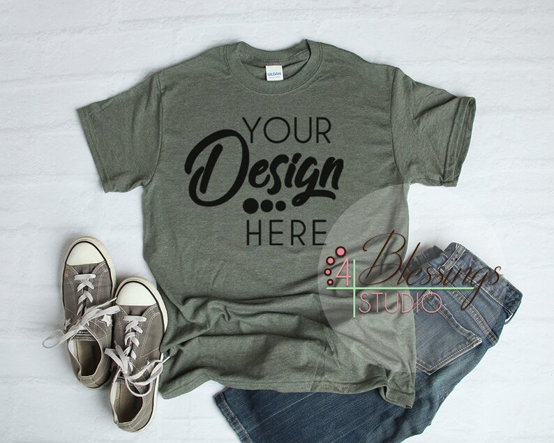Download Heather Military Green Shirt Gildan 5000 Mockup Unisex ...