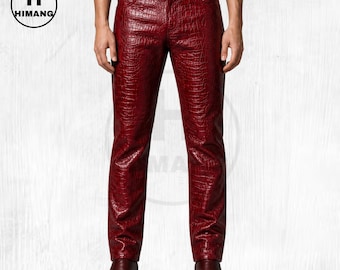 Men's Red Genuine Leather Pants | Crocodile Embossed Slim Fit Streetwear Trousers