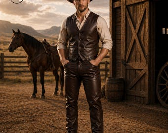 Men's Brown Leather Cowboy Outfit – Handmade Cowhide Vest, Hat, Pants – Western Ranch Wear