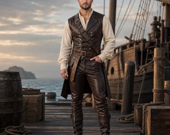 Men's Genuine Cowhide Leather Pirate Costume Set – Vest, Pants, Hat – Cosplay Outfit