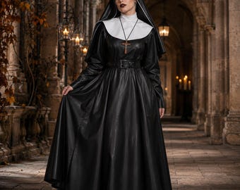Leather Nun Costume for Women, Black Gothic Halloween Dress, Dark Priestess Cosplay Gown