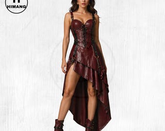 Burgundy Leather Corset Dress | Asymmetrical Skirt, Fantasy Costume, Festival Outfit