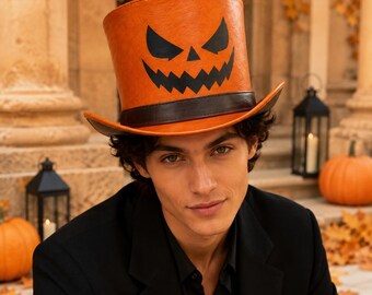 Orange Leather Halloween Top Hat, Jack O Lantern Pumpkin Design, Gothic Cosplay