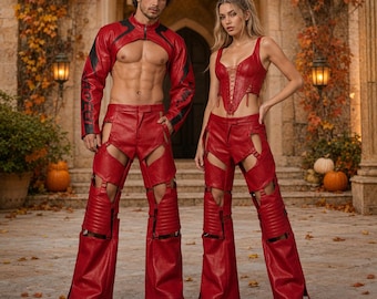 Red Leather Couple Costume, Cutout Flare Pants, Men's Cropped Jacket, Women's Lace-Up Corset, Halloween Cosplay