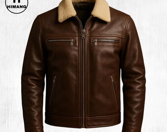 Brown Leather Biker Jacket with Shearling Collar – Custom Fit Aviator Coat.