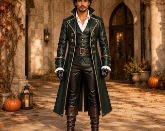 Men’s Leather Pirate Captain Coat Vest & Pant, Dark Green Renaissance Halloween Costume