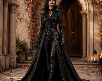 Women’s Gothic Leather Costume, Corset Gown & Pants, Vampire Queen Halloween Outfit