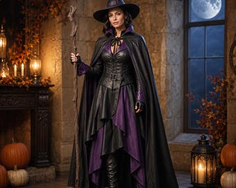 Women’s Leather Witch Costume with Hat & Cape, Gothic Halloween Witch Robe, Medieval LARP Cosplay Dress