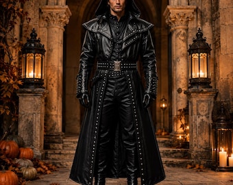 Men’s Studded Hooded Leather Coat, Gothic Vampire Trench for Halloween