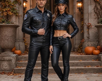 Black Leather Police Costume Set for Men & Women, Shirt and Pants Halloween Cosplay