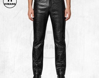 Men's Black Embossed Leather Pants | Crocodile Style Slim Fit Trousers
