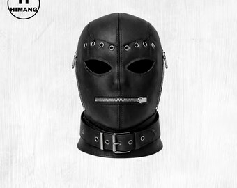 Handmade Black Leather Bondage Hood Mask – Zipper Mouth, Fetish Mask, BDSM Hood, Adjustable Neck Collar, Unisex