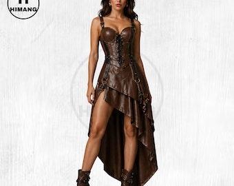 Brown Leather Corset Dress | Gothic Asymmetrical High-Low Skirt, Festival Costume, Cosplay, Handmade Leather Outfit