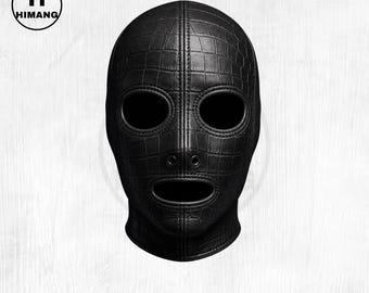 Black Leather Full Face Mask – Embossed Crocodile Texture, Gothic Hood, Cosplay, LARP, Steampunk